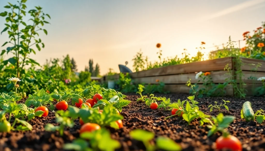 Gardening with vibrant vegetable plants flourishing under bright sunlight in a serene garden.