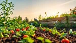 Gardening with vibrant vegetable plants flourishing under bright sunlight in a serene garden.