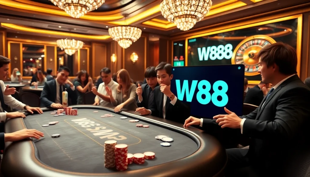 Gamble confidently with W88 in a vibrant casino atmosphere filled with poker tables and chips.