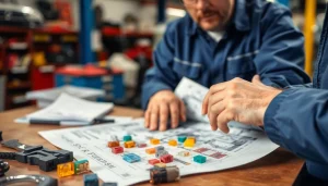 Inspecting fuse diagrams at https://bezpieczniki24.pl with a mechanic in a bright auto workshop.