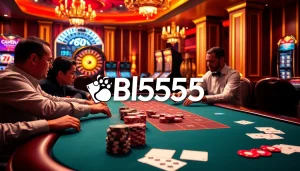 Players engaging in a high-stakes poker game at Bl555 casino with colorful chips and cards.