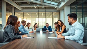 Business meeting with diverse professionals collaborating in a modern office setting.
