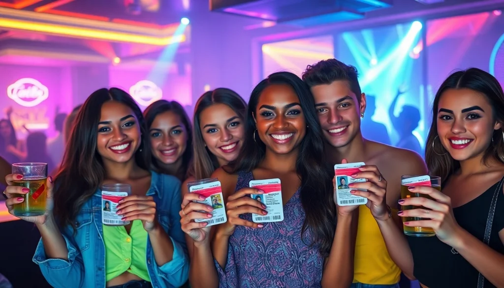 Group of young adults joyfully displaying Club21 fake IDs at a nightlife event.