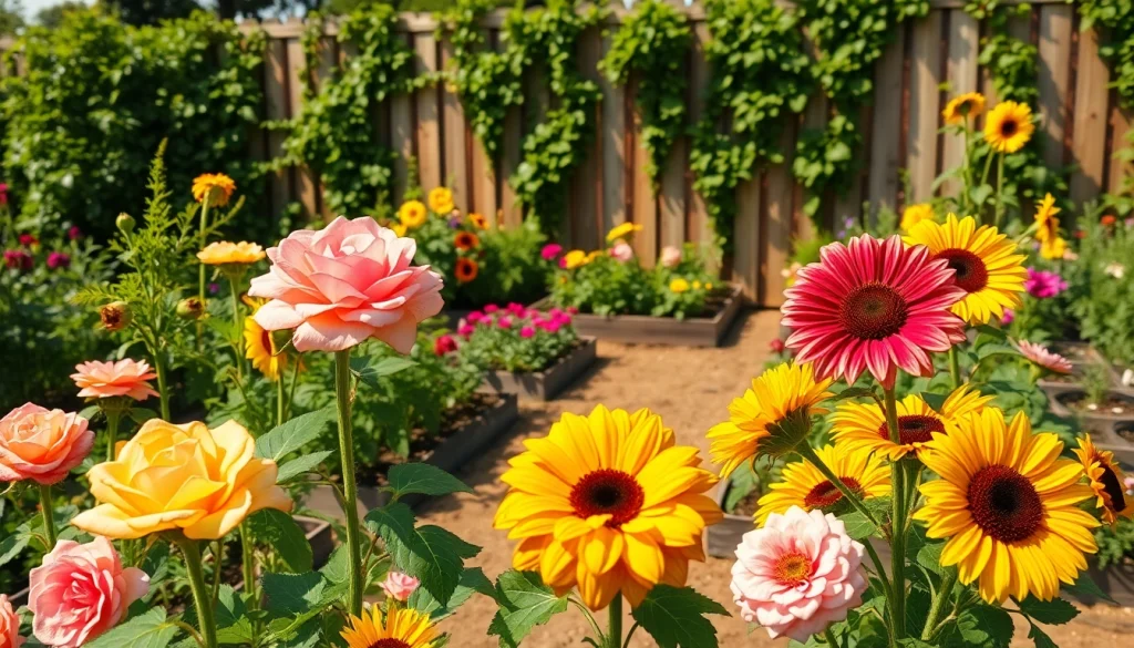 Gardening scene with colorful flowers and greenery in a vibrant garden oasis.