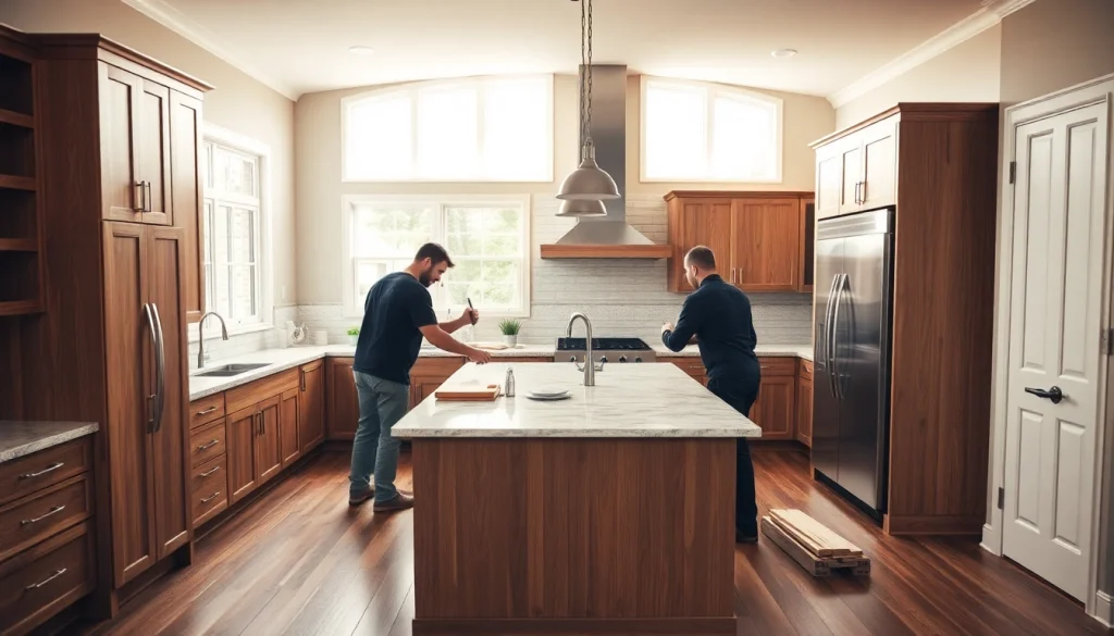 Home renovation showcasing a modern kitchen remodel with skilled craftsmen at work.