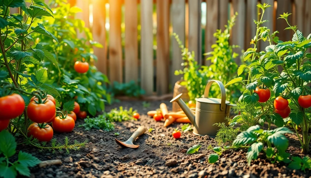 Gardening scene showcasing vibrant vegetables and plants illuminated by warm sunlight.