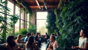 Cannabis club Madrid bustling with people socializing in a warm, inviting atmosphere.