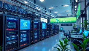 Dynamic cloud crypto mining facility showcasing renewable energy sources and advanced technology.