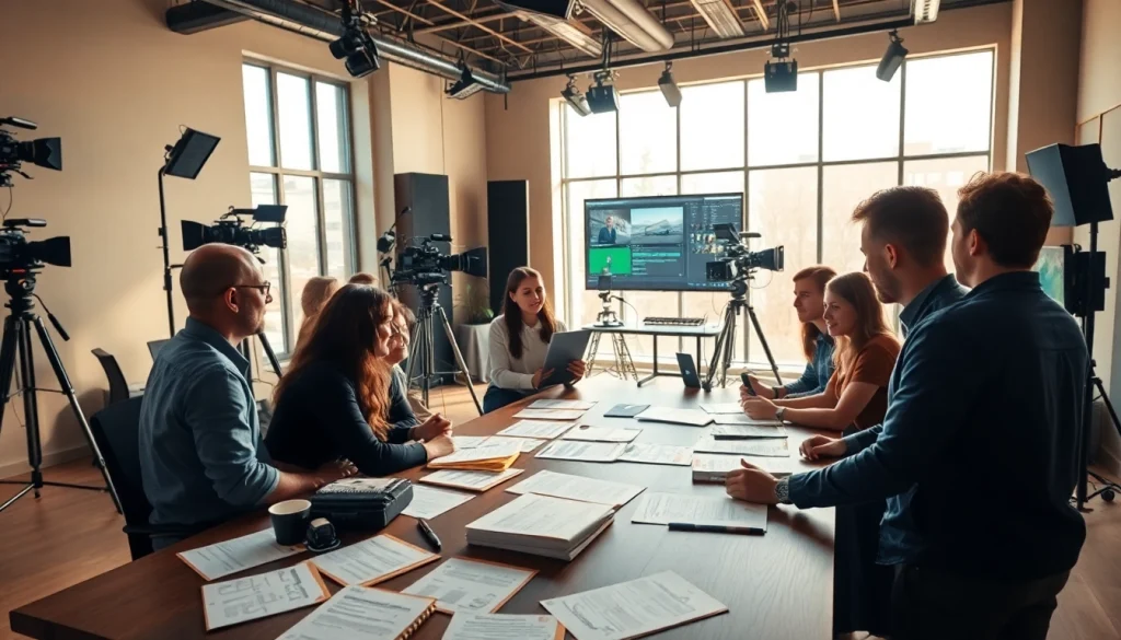 Collaborative workspace of a Video Production Company Phoenix team brainstorming creative ideas, showcasing equipment and storyboards.