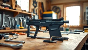 Assemble pf940v2 glock 17 frame kit with tools on a wooden workbench.