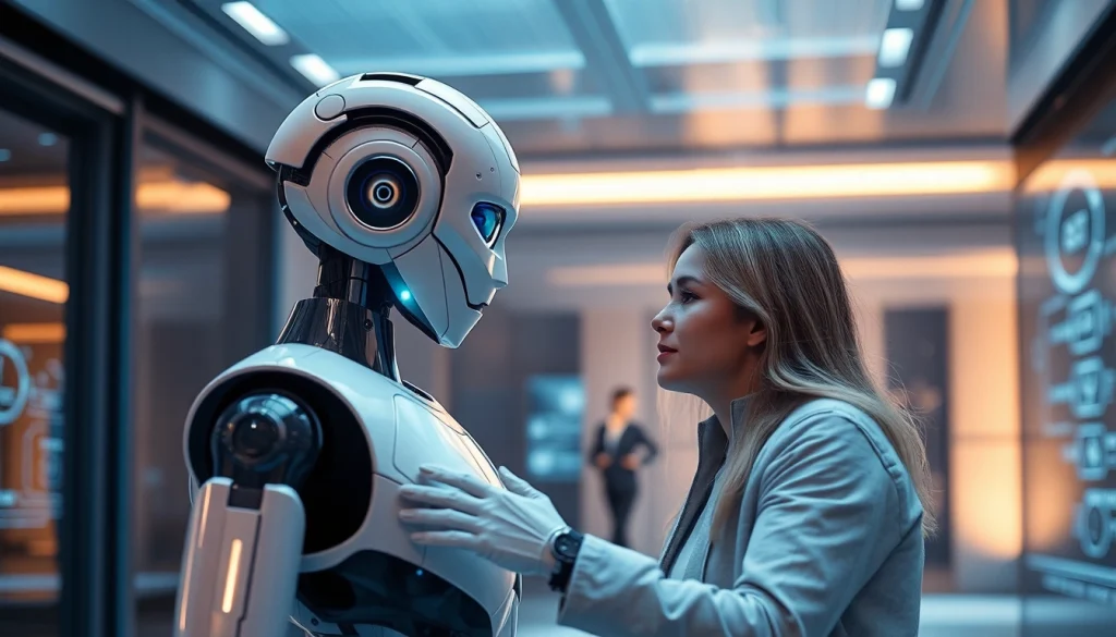 Engaging AI sex interaction between a humanoid robot and a human in a modern setting.