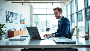 Business professional working in a modern office environment with financial documents and a laptop.