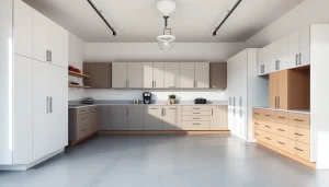 Stylish garage cabinets enhancing organization and functionality in a modern garage setting.