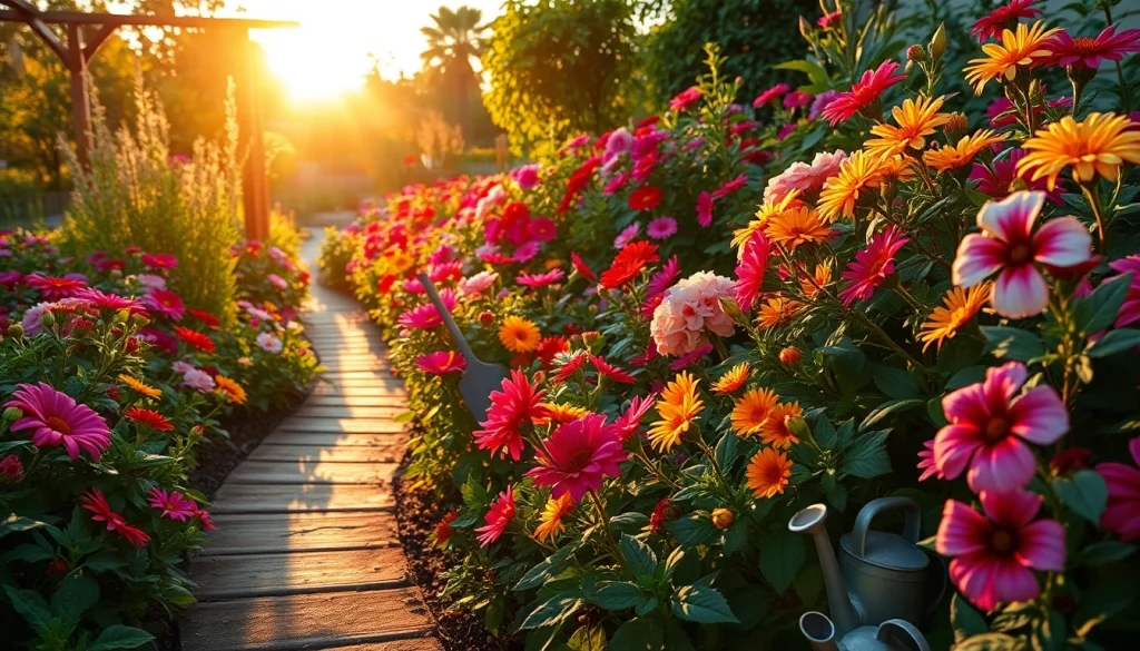 Gardening in a vibrant flower garden showcasing colorful blooms and lush greenery.