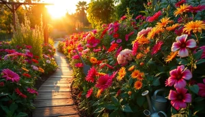 Gardening in a vibrant flower garden showcasing colorful blooms and lush greenery.