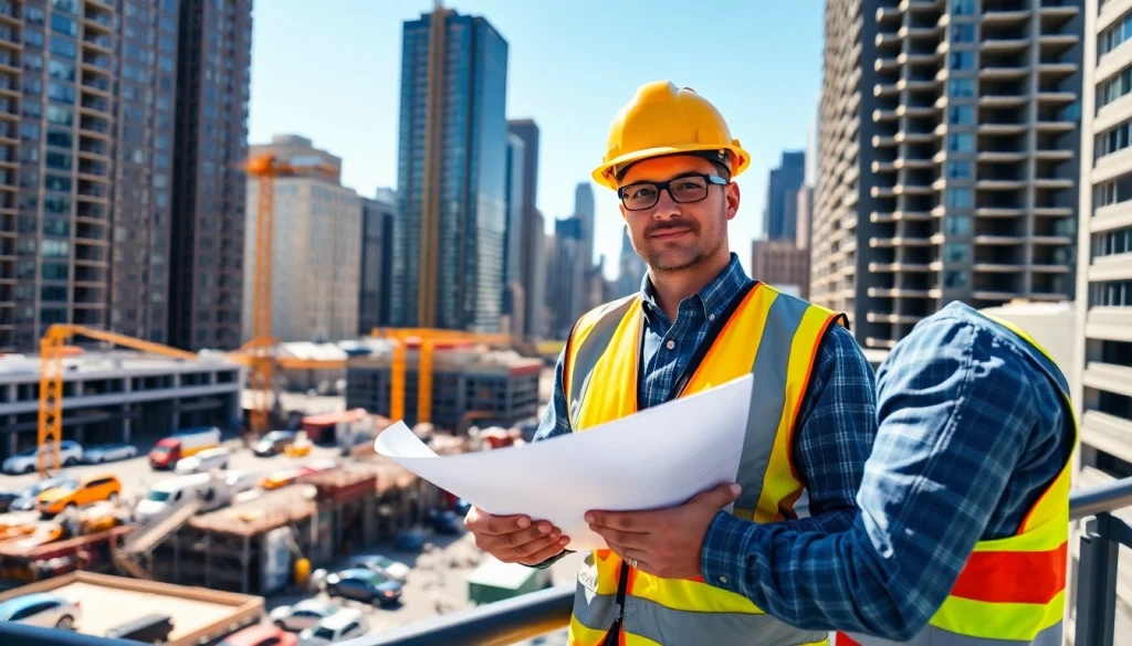 New York Construction Manager overseeing a busy construction site with blueprints in hand.