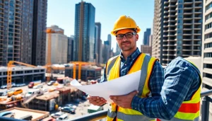 New York Construction Manager overseeing a busy construction site with blueprints in hand.