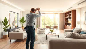 Enhance your home renovation with a craftsman working in a modern living room.