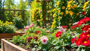 Gardening lush garden scene featuring vibrant plants and colorful flowers.