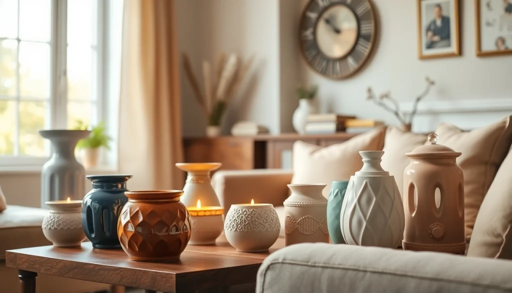 Showcase an elegant collection of wax warmers from https://www.scentswarmers.com in a cozy living room setting.