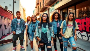 Edgy streetwear fashion showcased in an urban scene with diverse young adults.