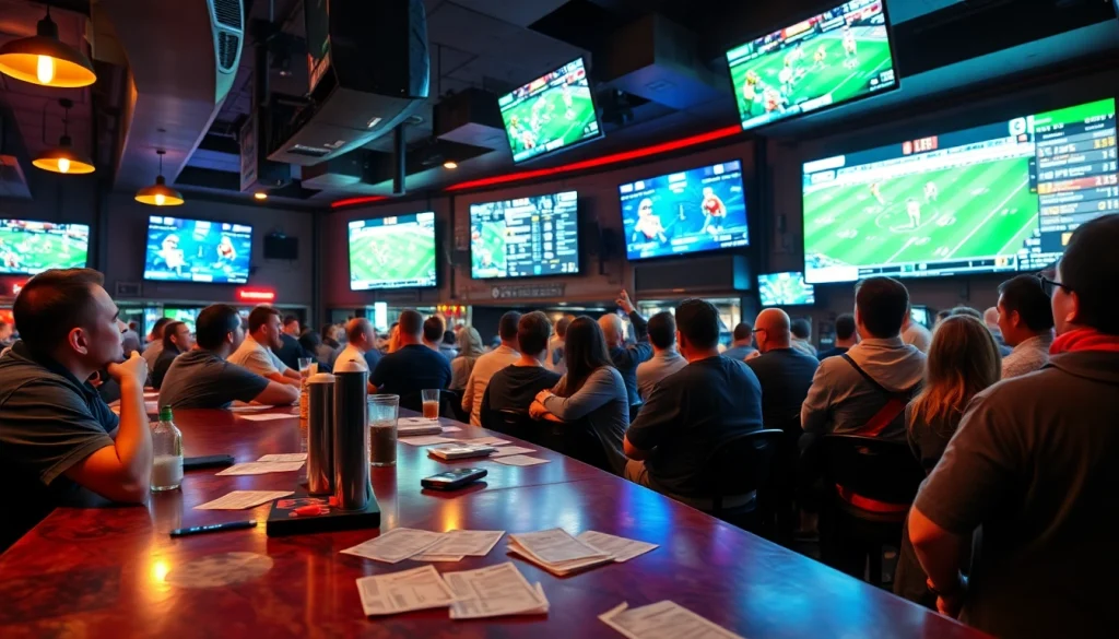 Engaged fans enjoying sports betting in South Carolina in a lively bar setting.