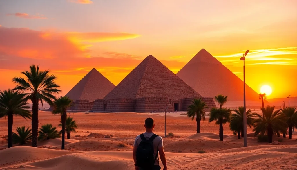 Experience the majestic Great Pyramids of Giza at sunset, highlighting https://emegypt.net's travel allure.