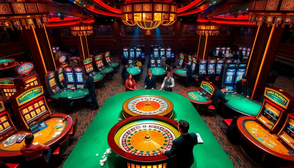 Engaging scene with players betting at a luxurious casino featuring link vào 188bet on digital displays and poker tables.