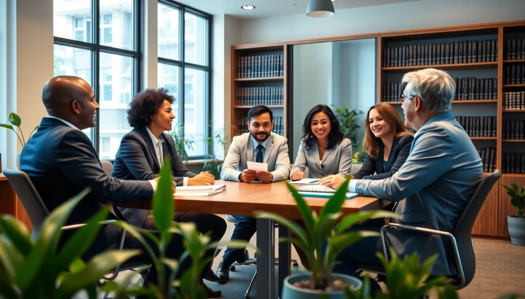 Engaged team at https://www.pwdlawfirm.com discussing personal injury cases in a professional setting.