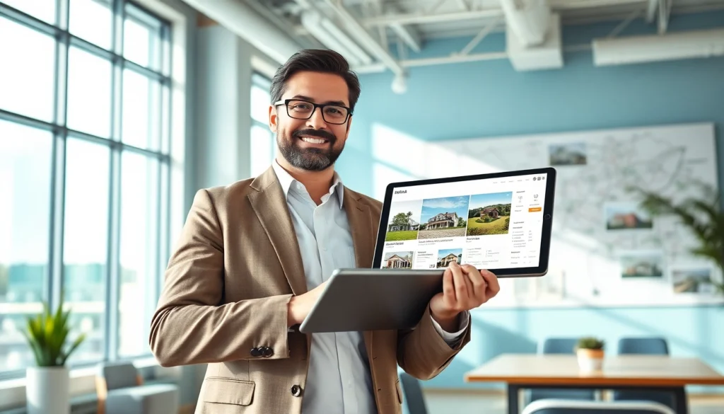 Engaging real estate agent showcasing listings in a modern office.