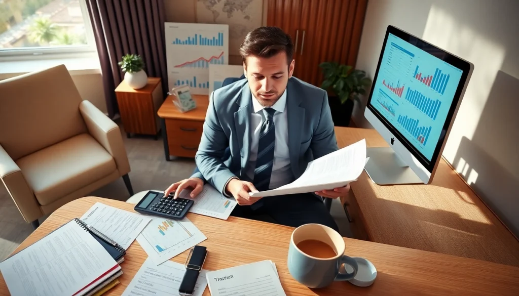 Accounting firm in Abu Dhabi professional reviewing financial documents in an office environment.