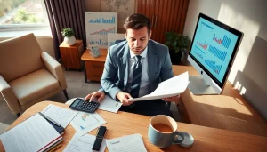 Accounting firm in Abu Dhabi professional reviewing financial documents in an office environment.