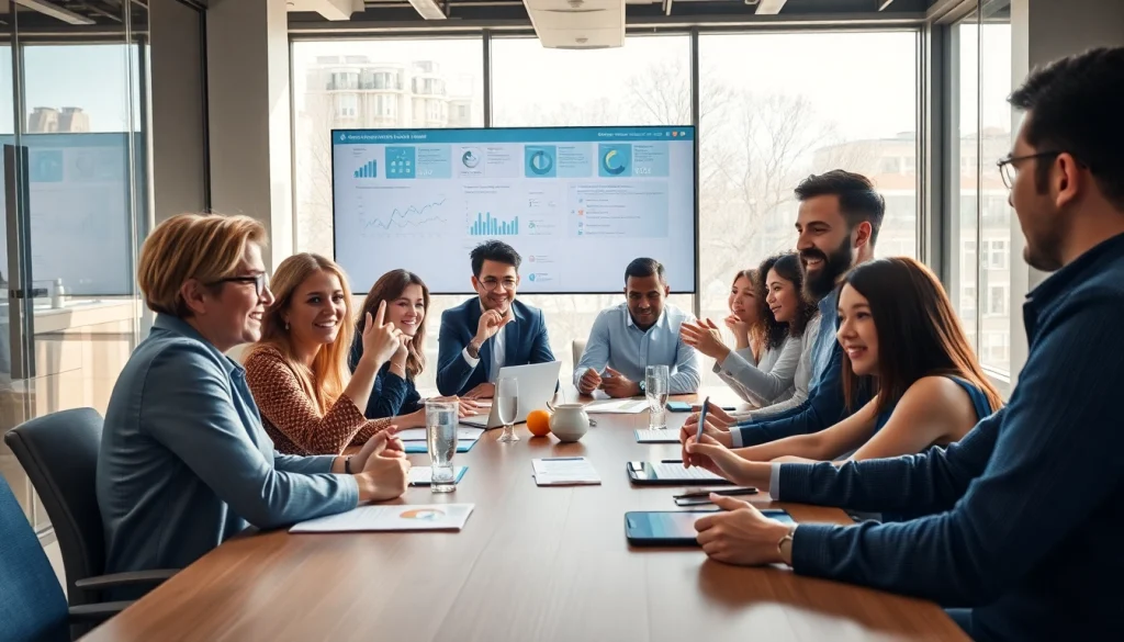 Marketing agency team collaborating passionately in a bright conference room.