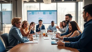 Marketing agency team collaborating passionately in a bright conference room.