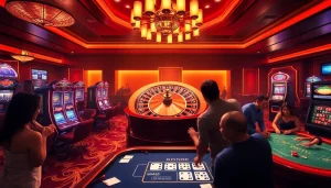 Feel the thrill of winning at MM88 in a luxurious casino setting with a roulette wheel and excited players.