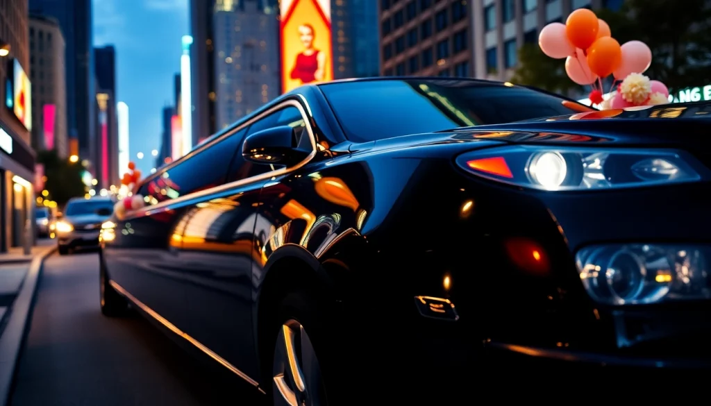 Experience premium limousine service with a luxurious black limo in a vibrant city setting.