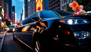 Experience premium limousine service with a luxurious black limo in a vibrant city setting.