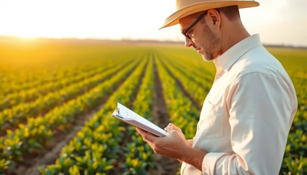Agricultural law expert analyzing crops in a vibrant field at sunset.