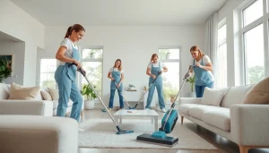 Cleaning service team professionally cleaning a bright, modern living room space.