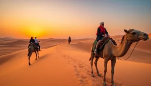 Agafay Desert camel ride at sunset with adventurous travelers and stunning landscapes