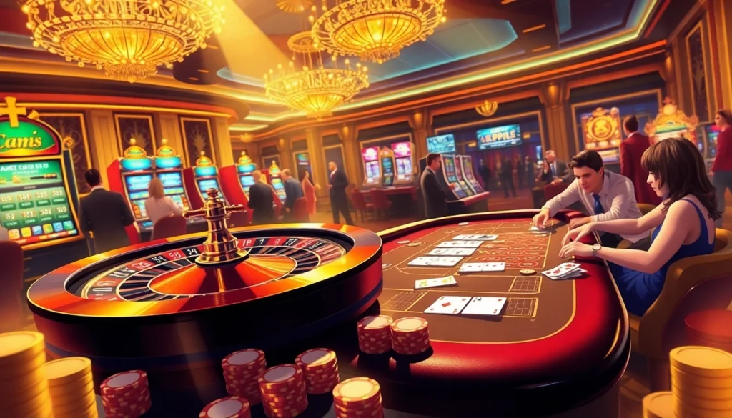 Gamblers enjoying an exhilarating game at the GO8 casino, with vibrant slot machines and roulette wheels.