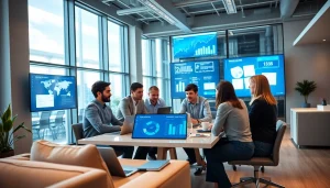 Team at an Agency collaborating in a modern office to brainstorm marketing strategies.