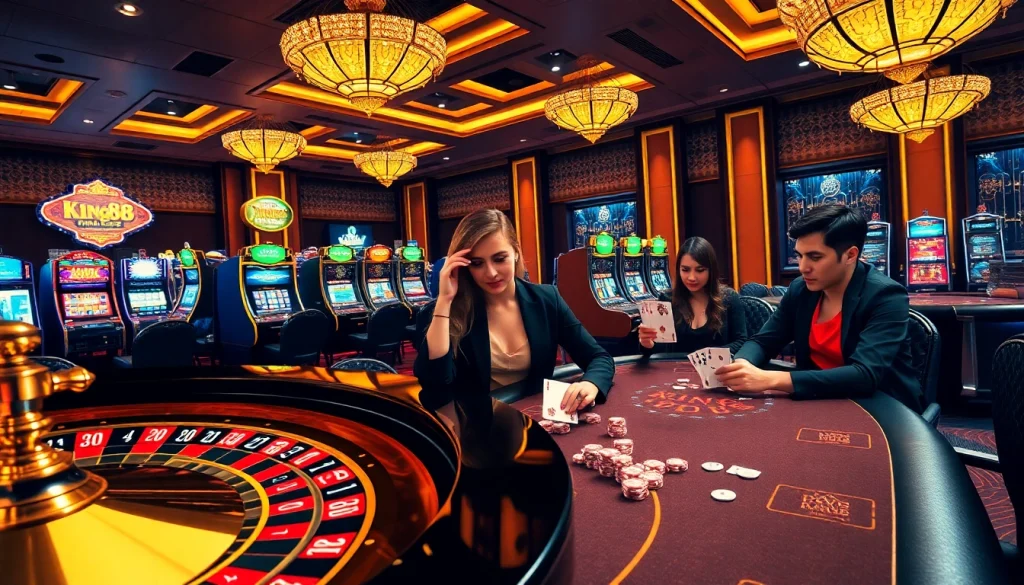 King88 players engage in a high-stakes game at a luxurious casino table, exuding excitement and professionalism.