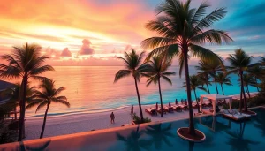 Stunning sunset at luxury travel destinations featuring a tropical resort with palm trees and sandy beaches.