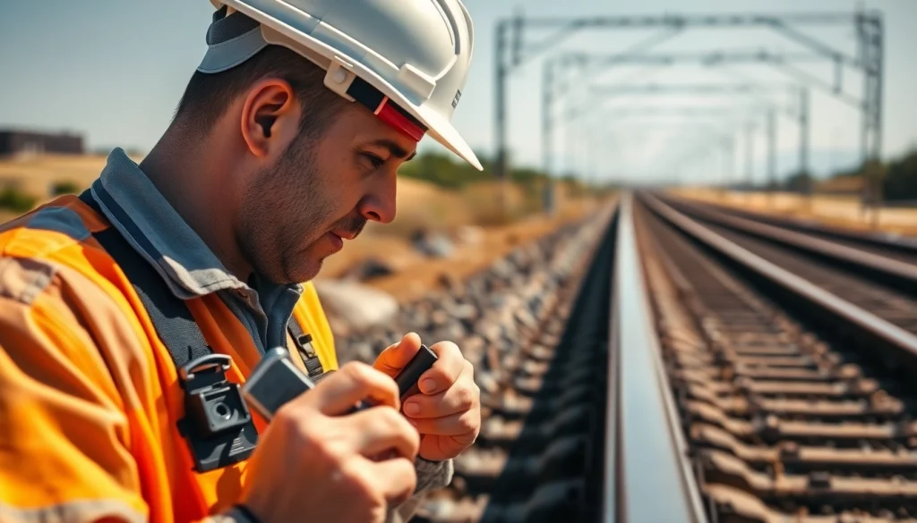 Track Inspectors Near Me carefully inspecting railroad tracks in a sunlit setting