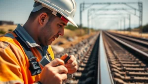 Track Inspectors Near Me carefully inspecting railroad tracks in a sunlit setting