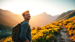 Embark on an adventure at https://fernweh-abenteuer.de with a traveler gazing at breathtaking mountains.