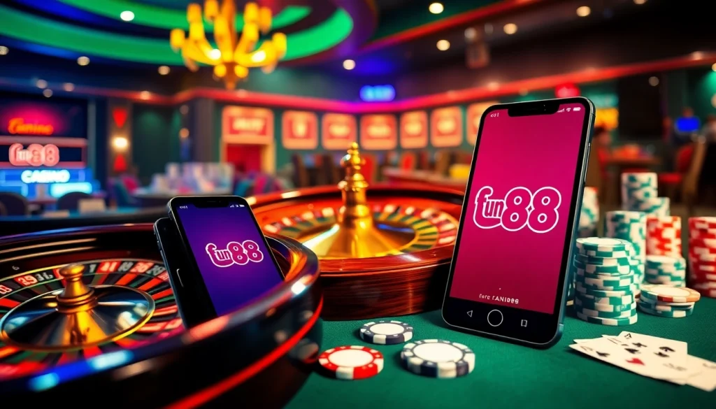 Experience thrilling gameplay with Fun88's online casino featuring vibrant poker chips and roulette.