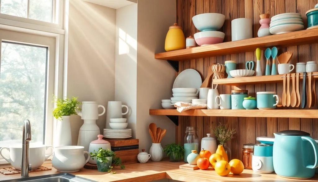 Charming kitchenware gift ideas NZ displayed in a cozy kitchen setup with vibrant utensils.