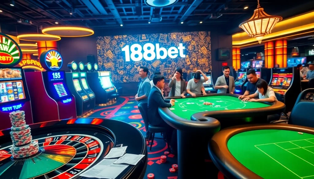 Experience the excitement of 188bet with vibrant casino games, roulette, poker tables, and thrilling betting action.